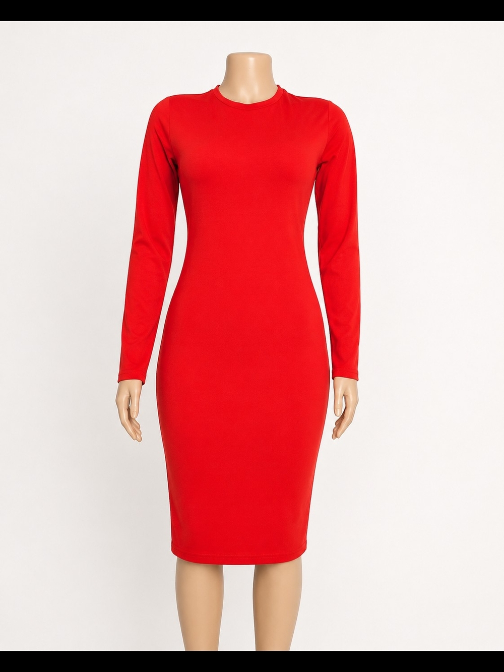 chic Red Long Sleeve Bodycon Midi Dress